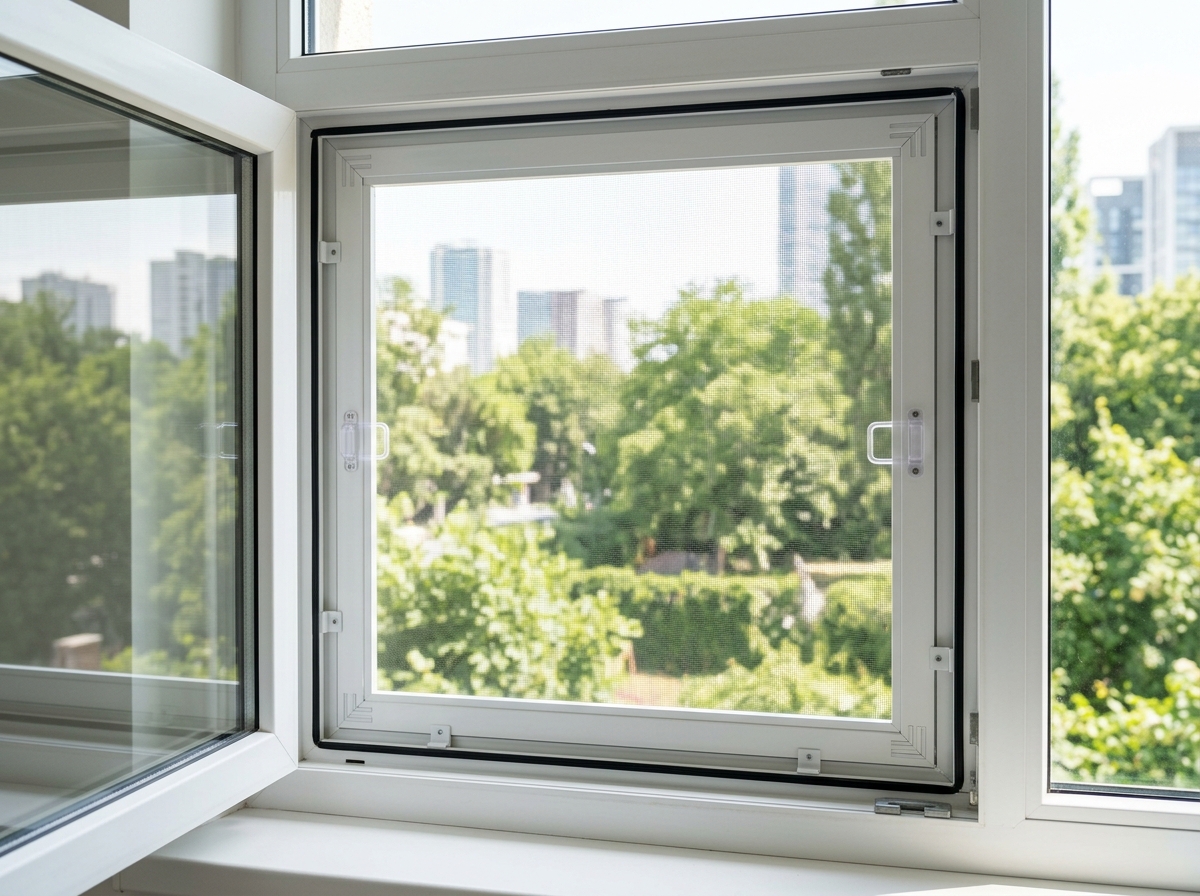 Rigid aluminum frame mosquito screen on open window