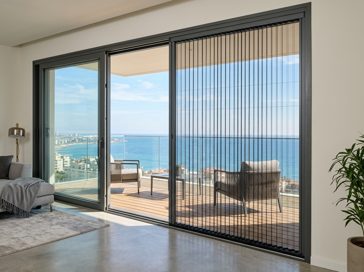 Sliding pleated screen in modern apartment